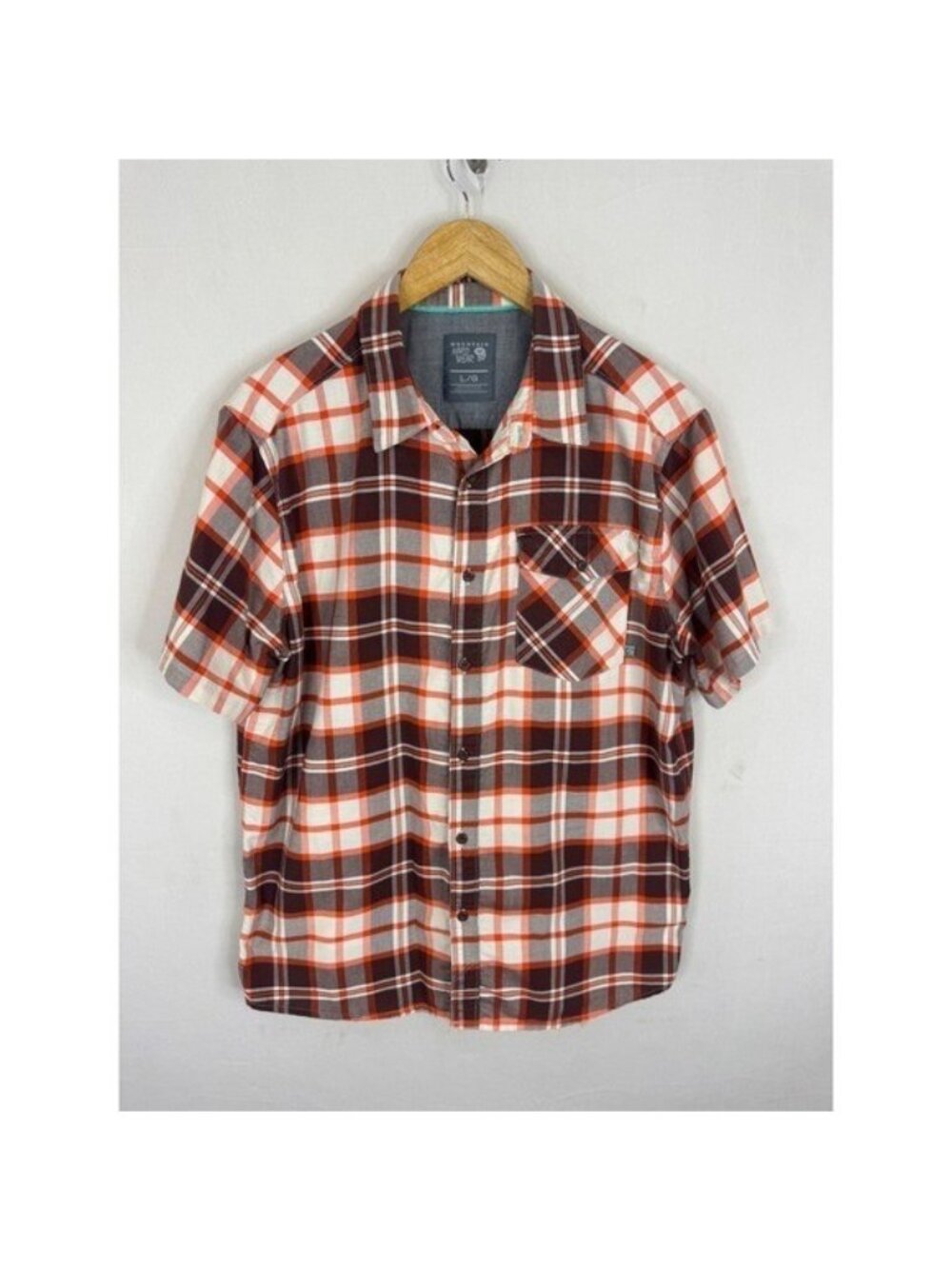 Mountain Hardwear Mens Large Short Sleeve Plaid Button Down Shirt Orange Brown